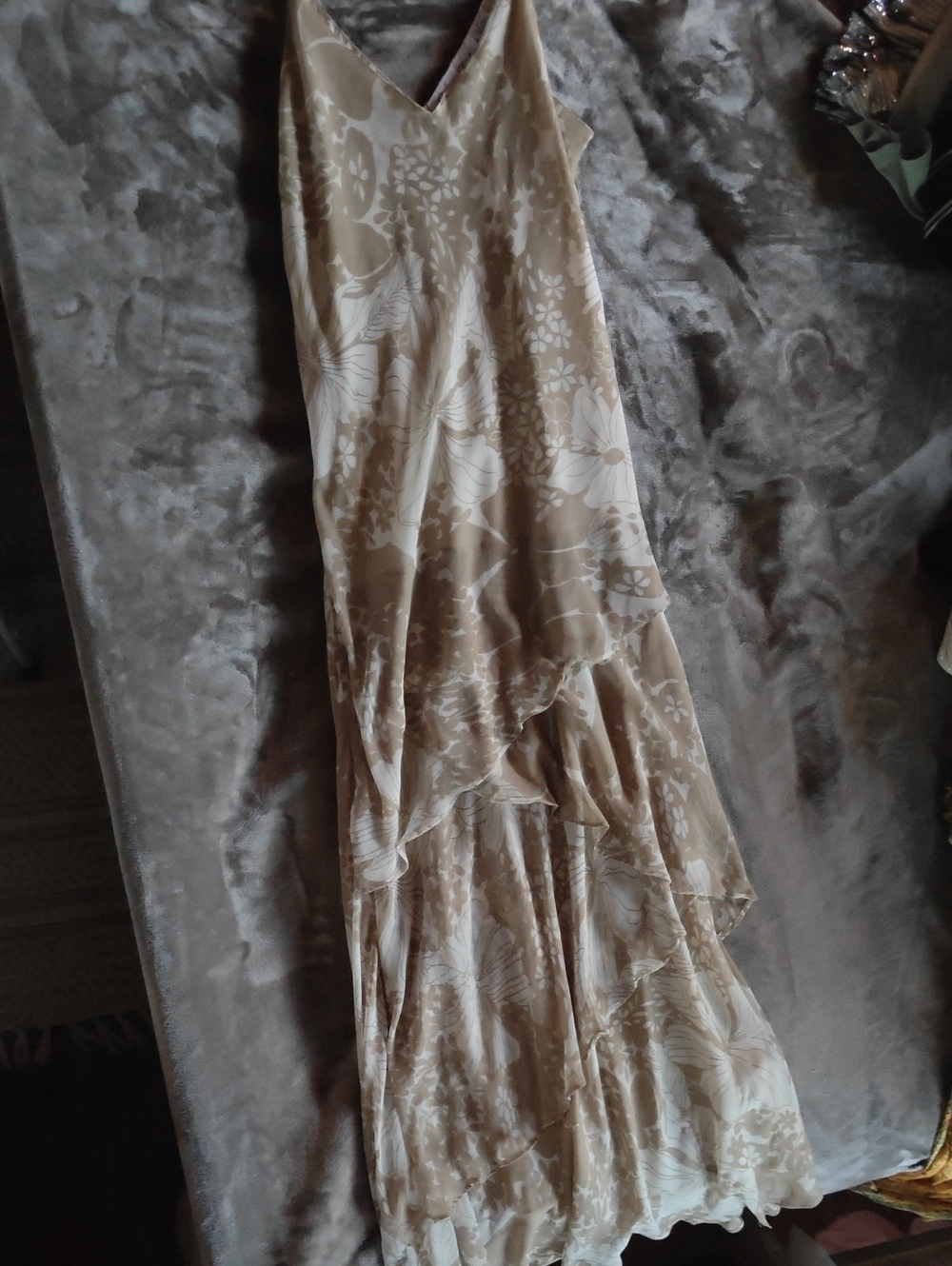 Beige Floral High-Low V-Neck Maxi Dress